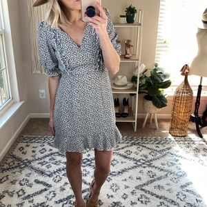 BRAND NEW! Open-Slit Back, Fitted Navy and‎ White Dress With Ruffle Trim Details